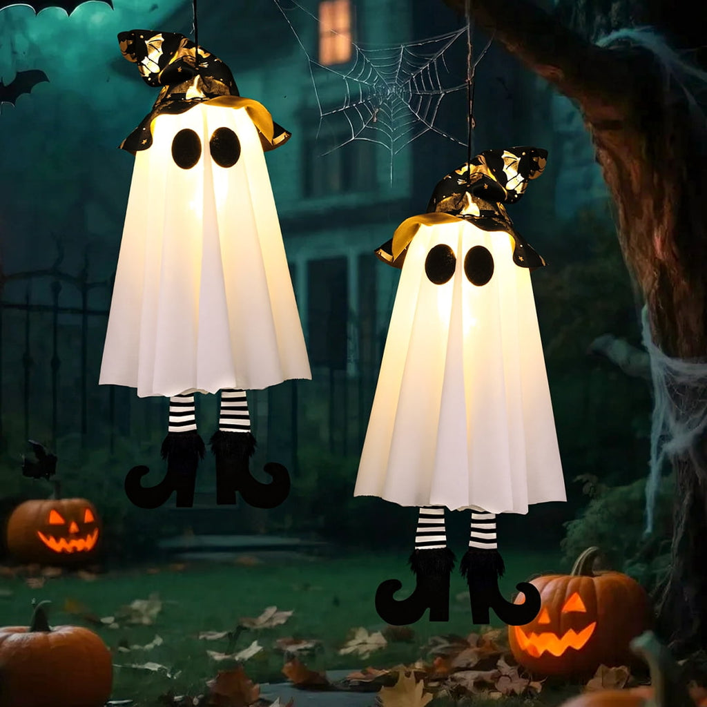 TETOU 18In Set of 3 Halloween Hanging Ghosts,Halloween Decorations Outdoor Hanging Ghosts with Witch Hat,Glowing Ghost Witch Hat Lights Halloween Ghost Decor for Yard Patio Garden Tree Outside
