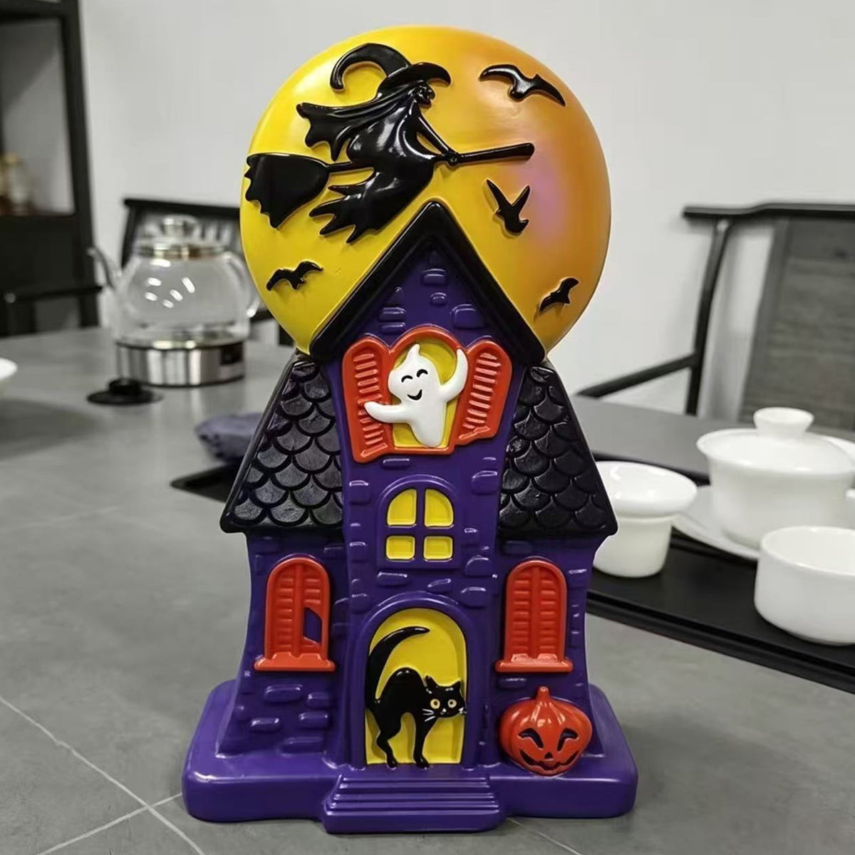 HAHUT Halloween House Blow Mold Light, Resin Pre-Lit Spooky Mansion with Glowing Witch Moon, Ghost & Black Cat for Halloween Party Tabletop Decor (Purple)