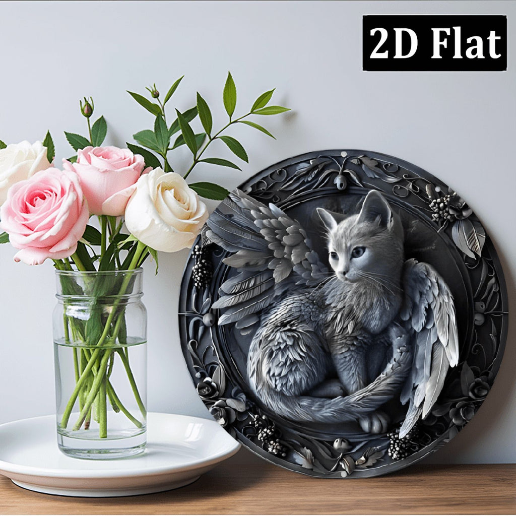 2D Flat, Vintage Angel Cat Round Aluminum Wall Art Sign 8*8 Inch, Detailed Gray Winged Cat Design with Feathers & Floral Patterns, Perfect for Home, Office, Bar, or Kitchen Decor, Unique Halloween