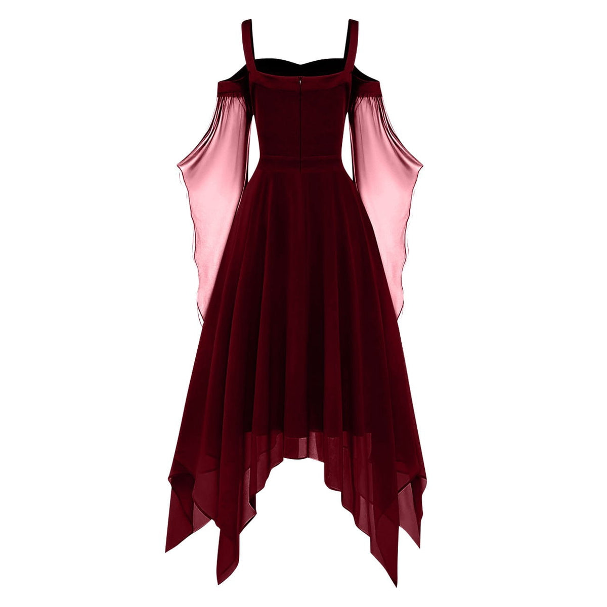 Women Gothic Cold Shoulder Midi Dress, Sheer Flare Bell Sleeve Front Corset Irregular Witch Costume Dress, Adult Halloween Dark Aesthetic Vintage Formal Evening Cosplay Party Outfit(Navy-2/M)