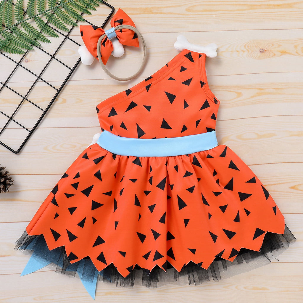 Kids Baby Bam Bam Costume Flintstone Costume Caveman Cavegirl Historical Stone Age Themed Birthday Outfit for Girls Boys Halloween Cosplay Dress Up Photo Shoot 2-3 Years Girl - Orange