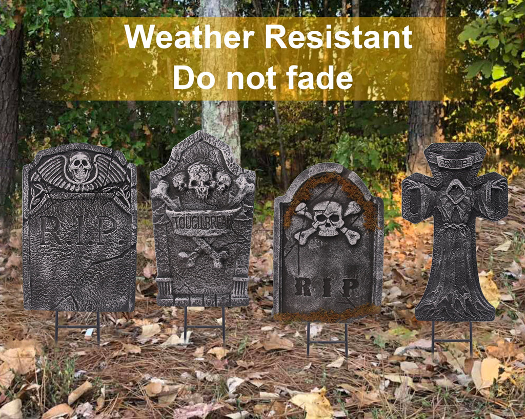 Gamexcel 3-Pack Large 17" Halloween Foam RIP Tombstones with Stakes - Graveyard Lawn Decorations for Spooky Haunted House Decor