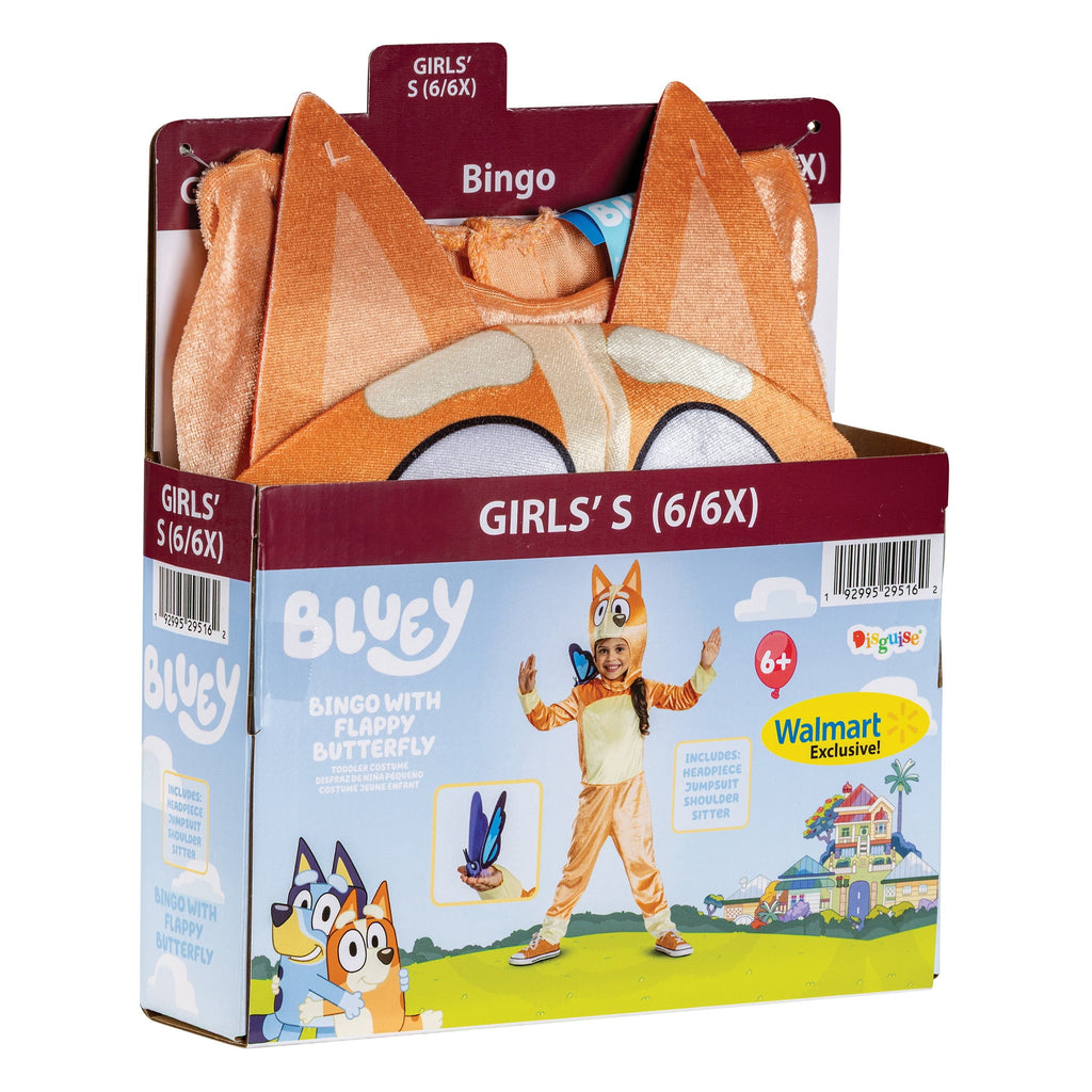 Bluey Bingo Halloween Costume for Children with Flappy Butterfly, Toddlers Size 3T-4T, by Disguise