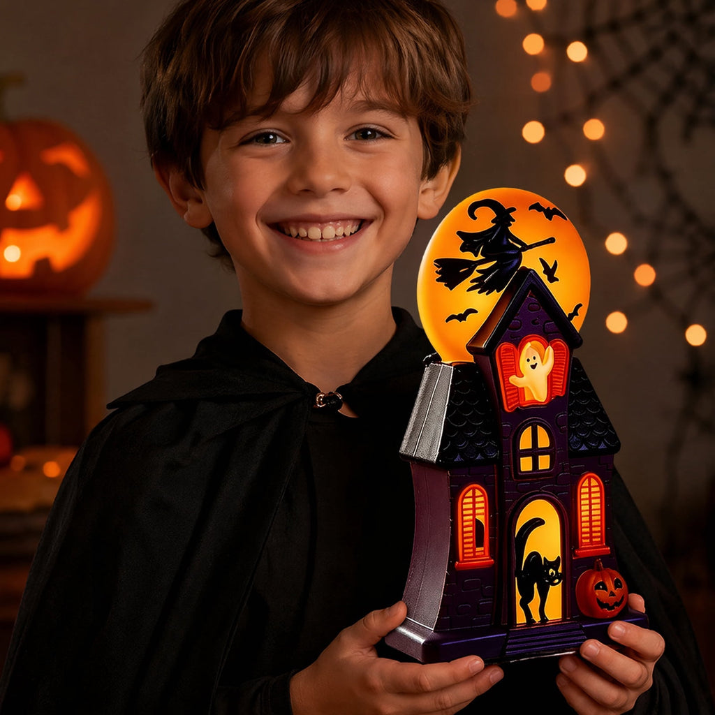 HAHUT Halloween House Blow Mold Light, Resin Pre-Lit Spooky Mansion with Glowing Witch Moon, Ghost & Black Cat for Halloween Party Tabletop Decor (Purple)