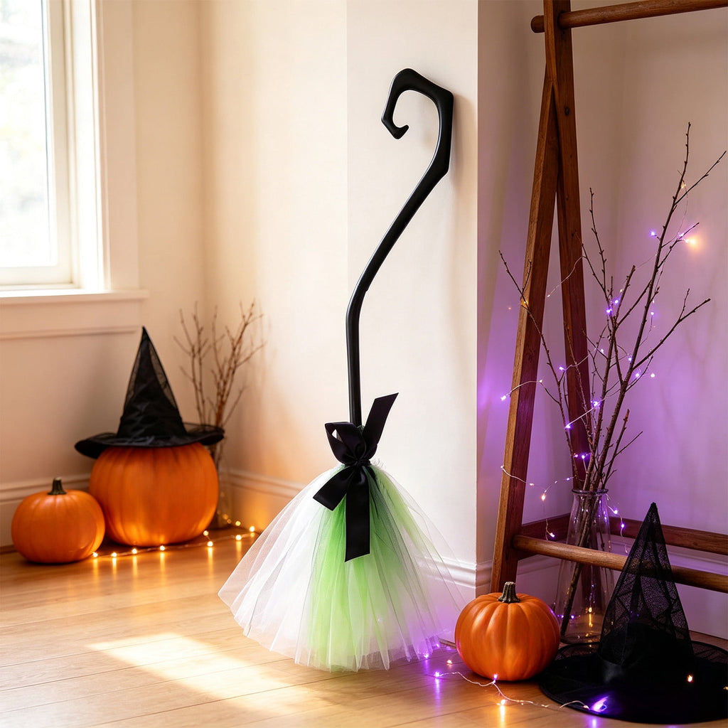 Halloween Witch Broom Cane with Ribbons, 38.2" Witches Broomstick for Wizard Costume Party, Photo Booth Accessory Stage Prop, Halloween Decoration, D