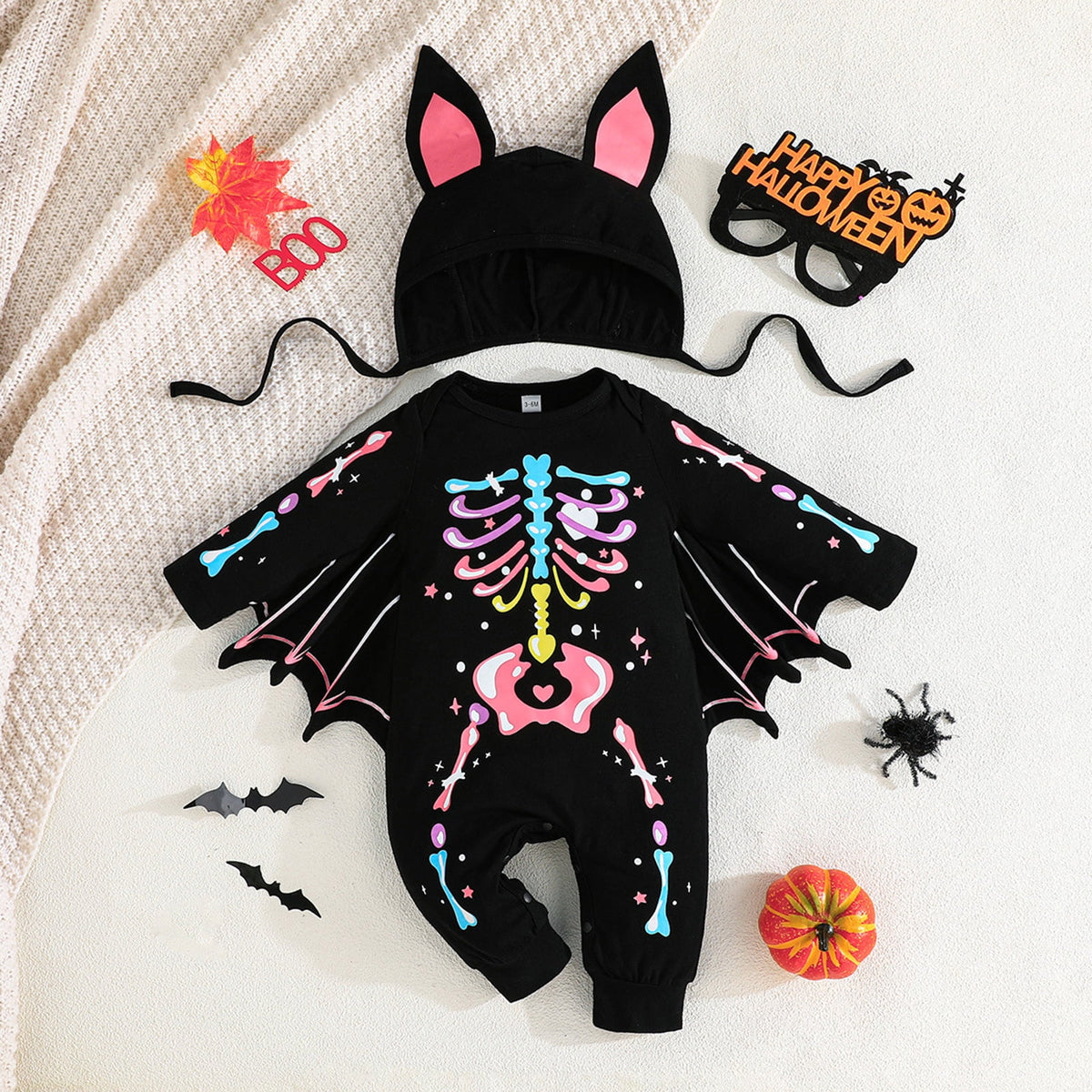 WIBACKER Baby Girl Boy Skeleton Jumpsuit Ear Hat 2PCS Outfit 3 Months-3 Years Infant Toddler Halloween Bats Costumes with Wings Cosplay Clothes