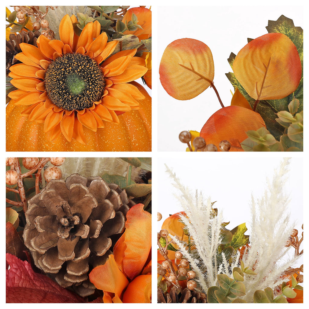 Briful 12.9"Artificial Pumpkin Floral Arrangement with Orange Sunflowers Leaves Fall Table Centerpiece for Harvest Autumn Décor