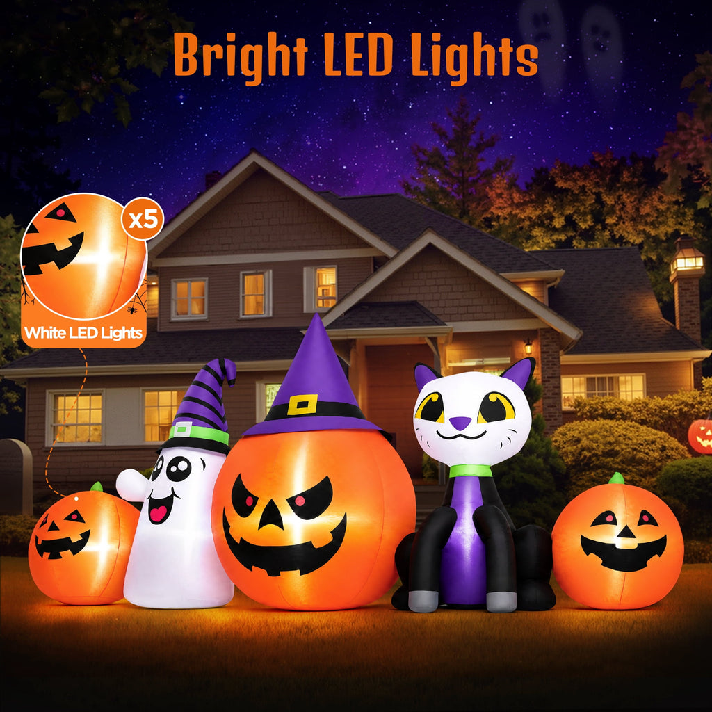 Firstness 8FT Halloween Inflatable Pumpkins Ghost Cat with Lights,Blow ups Outdoor Decorations for Yard