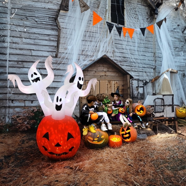 5.9FT Halloween Inflatable Pumpkin Ghost, Built-in LED Lights, Waterproof Polyester for Yard/Garden