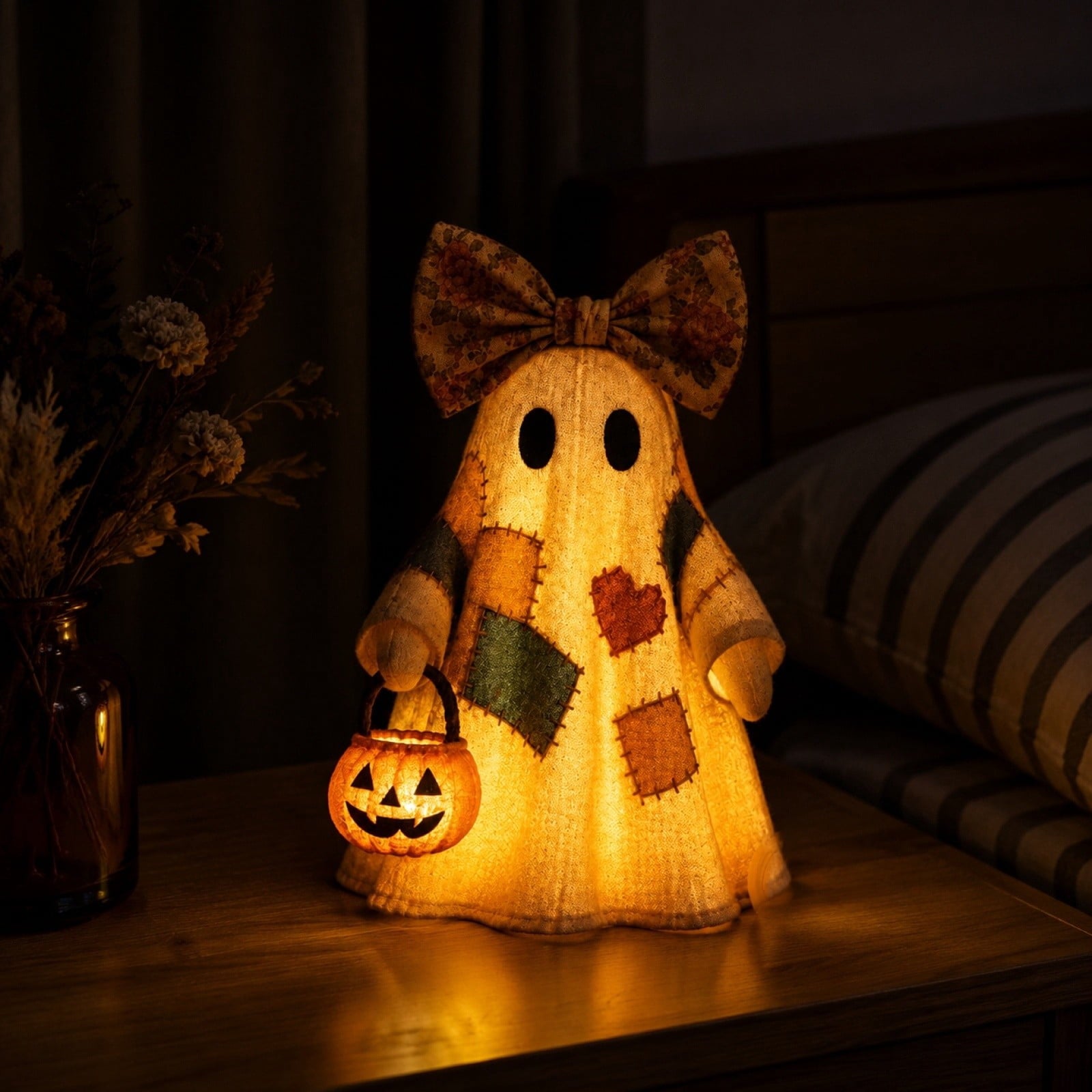 Tumdkd Vintage Patchwork Ghost Decor with LED Pumpkin Light, Soft Fabric Halloween Ornament for Mantel Shelf Tabletop, Cozy Family-Friendly Holiday Accent