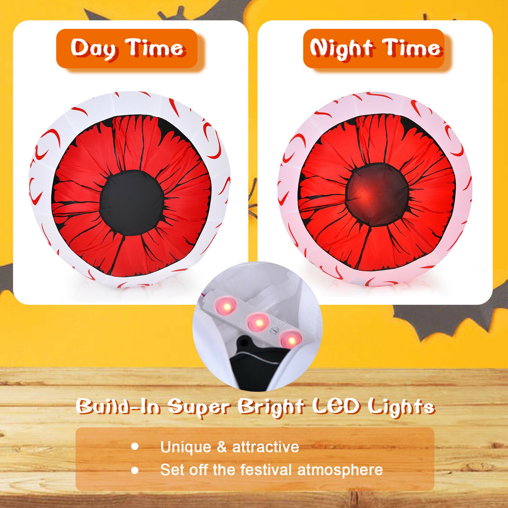 Gymax 2-Pack Inflatable Halloween Eyeballs 3ft Yard Decoration w/ Built-in LED Lights