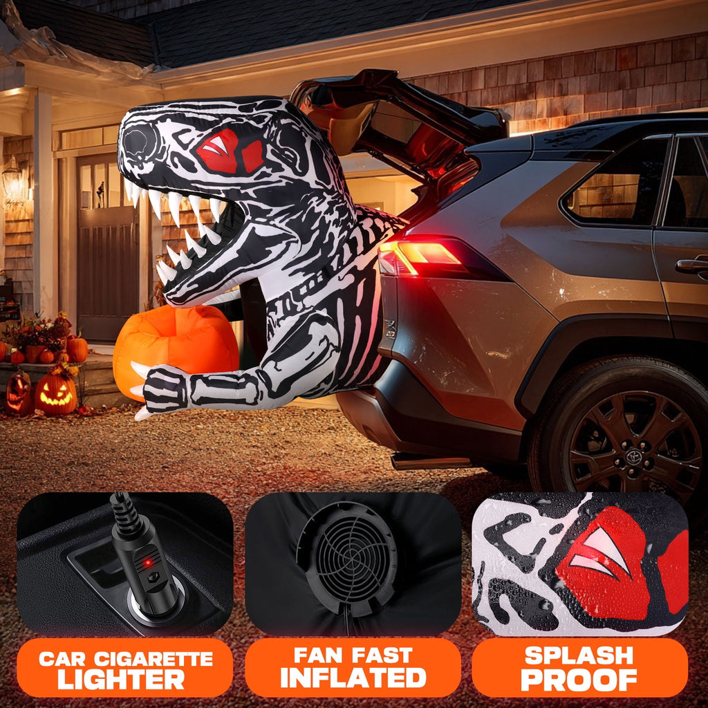 Ayieyill 3.6FT Halloween Inflatable Outdoor Decorations - Trunk or Treat Car Decorations - Halloween Blow Ups Animated Skeleton Dinosaur with LEDs for Halloween Outdoor Yard Decorations