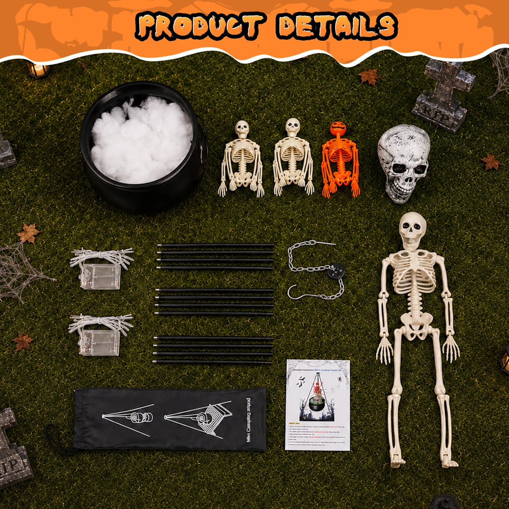 Halloween Decorations Bundle - 78cm/30.7" Witches Cauldron on 54" Tripod with Green LED Lights, 3pcs 40cm Skeleton, 60cm Skeleton, Skull Ornament, 4 Hooks - Indoor Outdoor Yard Porch Party Supplies