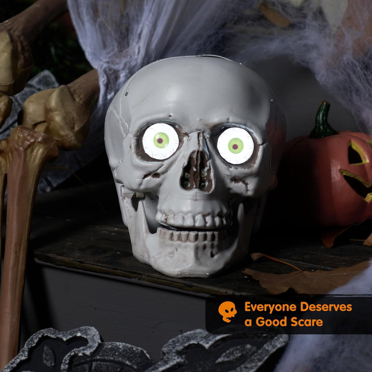 Joyfy Sound Activated Animated Skull Halloween Indoor Decor,LED Light Up Moving Eyeballs Skull Tabletop Ornament,Scary Haunted House Party Desktop Home Decoration Supplies