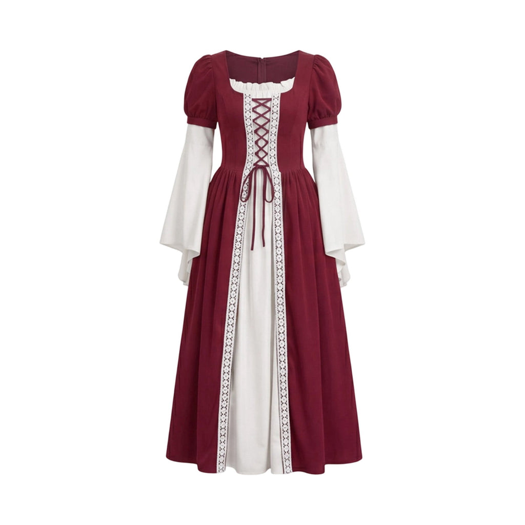 Hurxie Renaissance Costume Women Peasant Medieval Dress Maxi Fairy Dresses with Bell Sleeve Vintage Ren Faire Outfit
