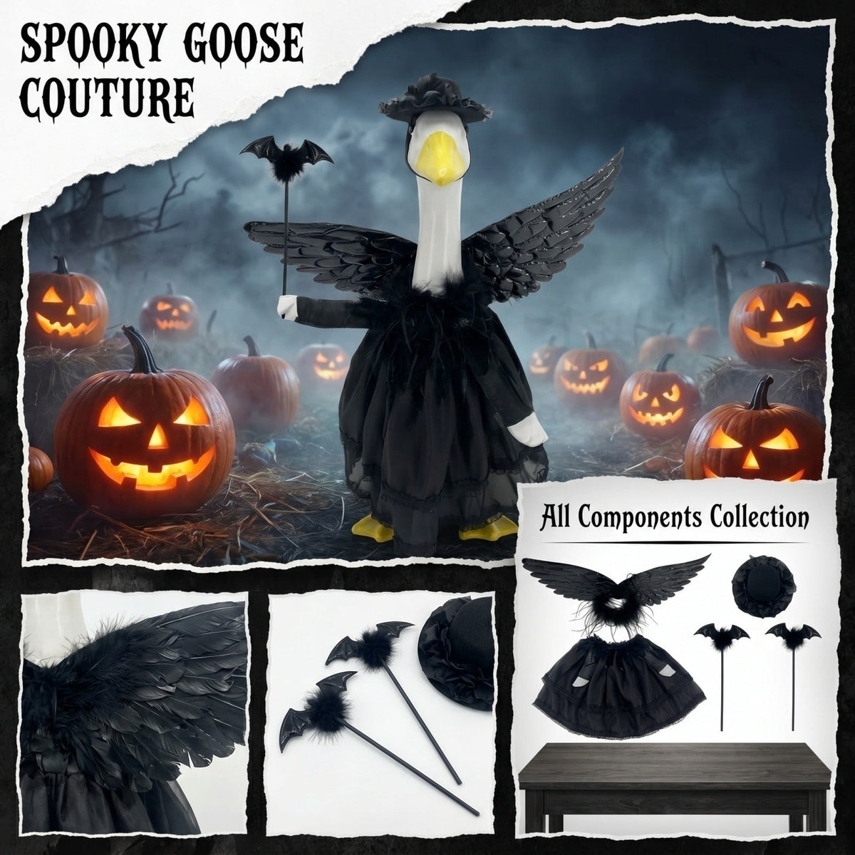 Bat Witch Hat Spiderweb Halloween Goose Clothes Fit 17/23In Cement Plastic Lawn Goose, Stylish Full Set for Outdoor Yard Patio Garden Seasonal Halloween Home Ornamental Arrangement