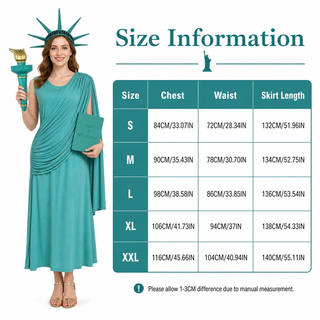 VZQI Statue of Liberty Costume Set for Women, Lady Liberty Outfit | Liberty-inspired costume set with gift-box packaging; choose 2-piece or 4-piece options for Halloween, parties and July 5th