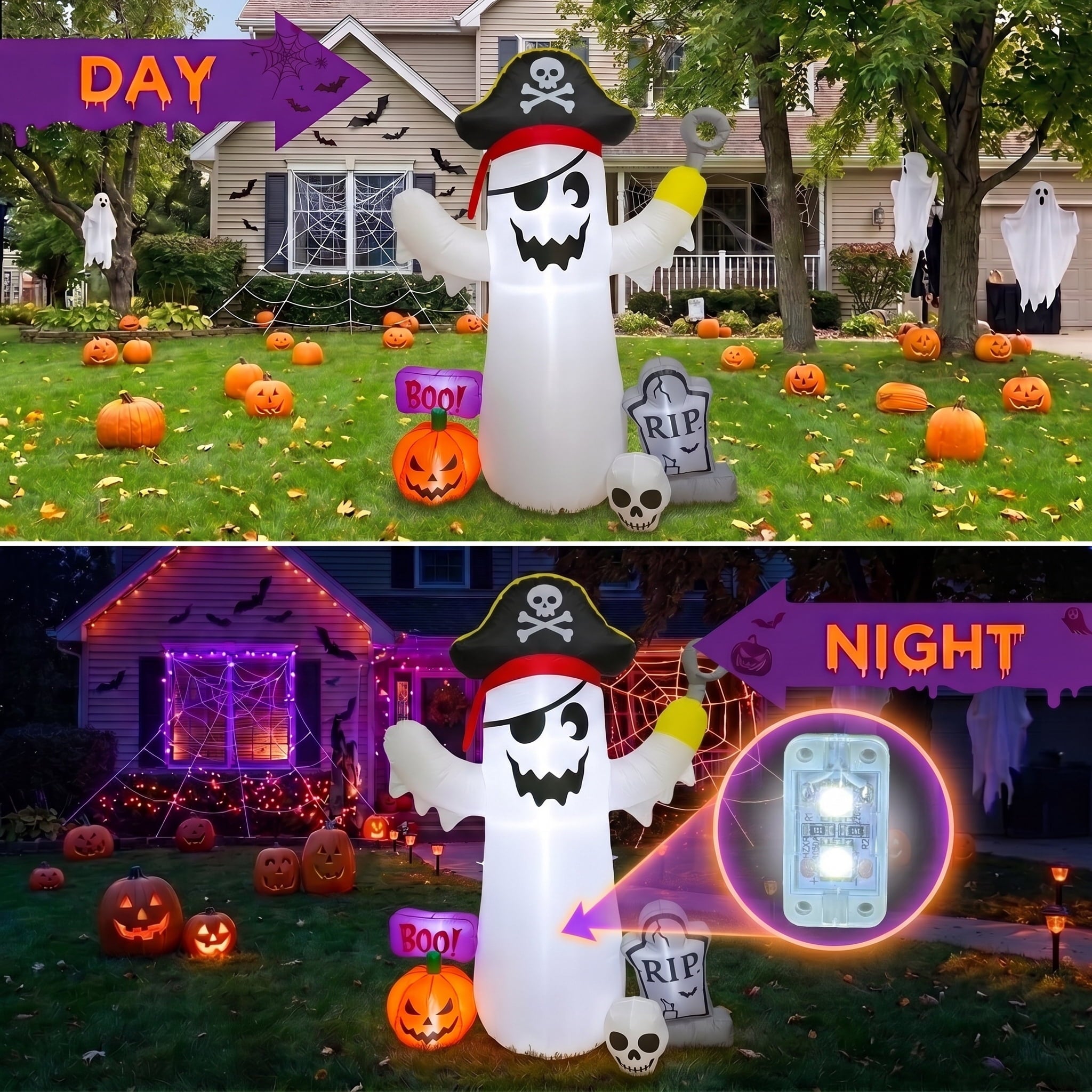 Glazina 7 FT Halloween Inflatable Ghost Signpost with Skull Spider, Built-In LED Lights, Outdoor Halloween Blow Up Yard Decoration