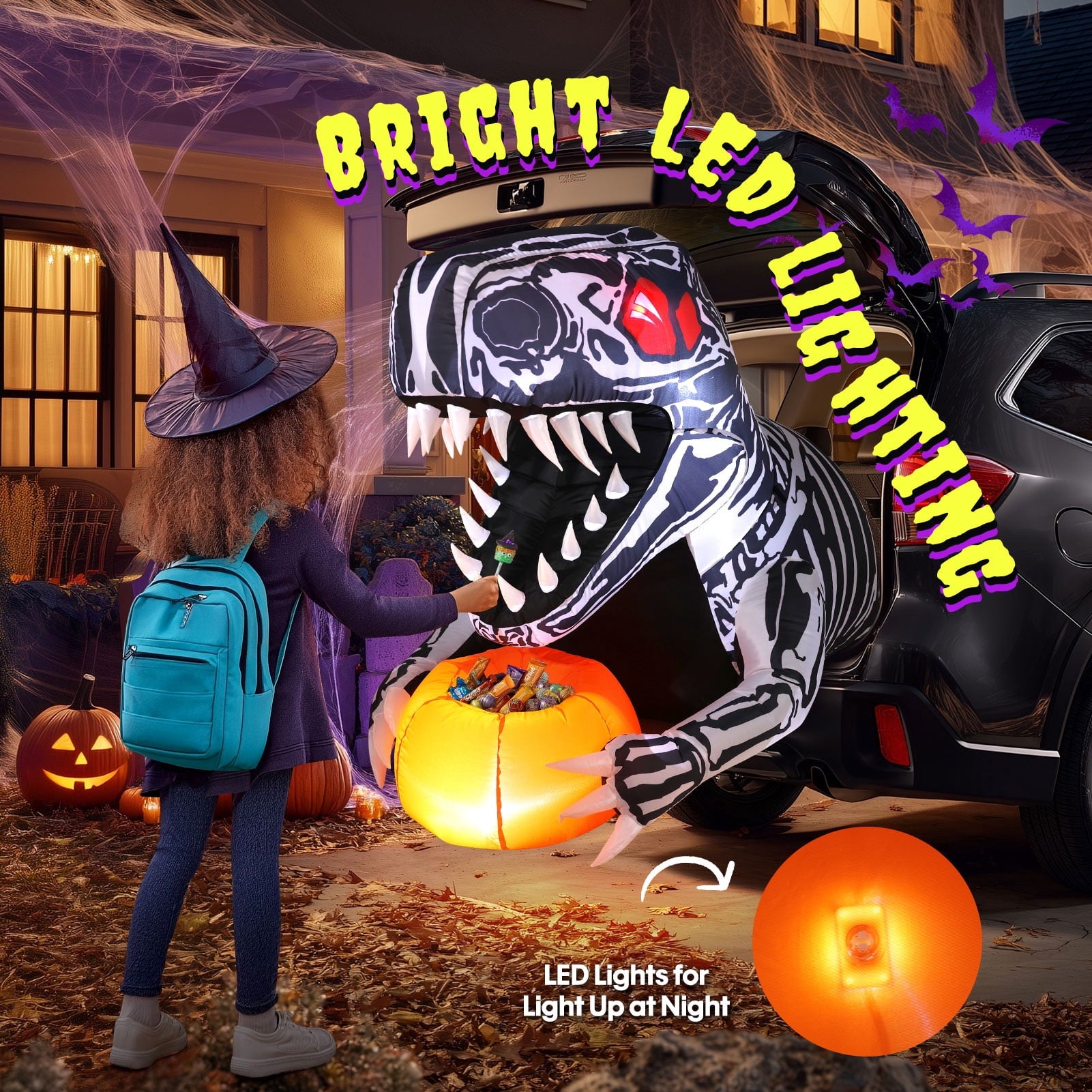 Ayieyill 3.6FT Halloween Inflatable Outdoor Decorations - Trunk or Treat Car Decorations - Halloween Blow Ups Animated Skeleton Dinosaur with LEDs for Halloween Outdoor Yard Decorations