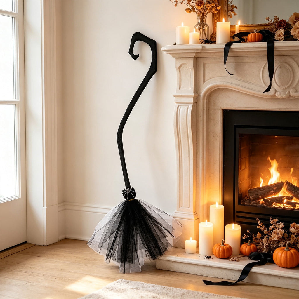 Halloween Witch Broom Cane with Ribbons, 38.2" Witches Broomstick for Wizard Costume Party, Photo Booth Accessory Stage Prop, Halloween Decoration, D
