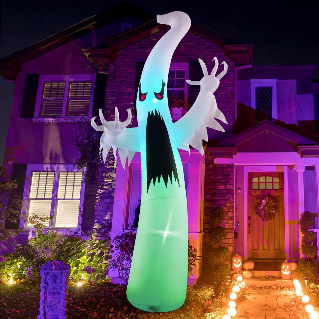 GOOSH 12 FT Height Halloween Inflatable Outdoor Colorful Dimming Ghost, Blow Up Yard Decoration Clearance with LED Lights Built-in for Holiday/Party/Yard/Garden