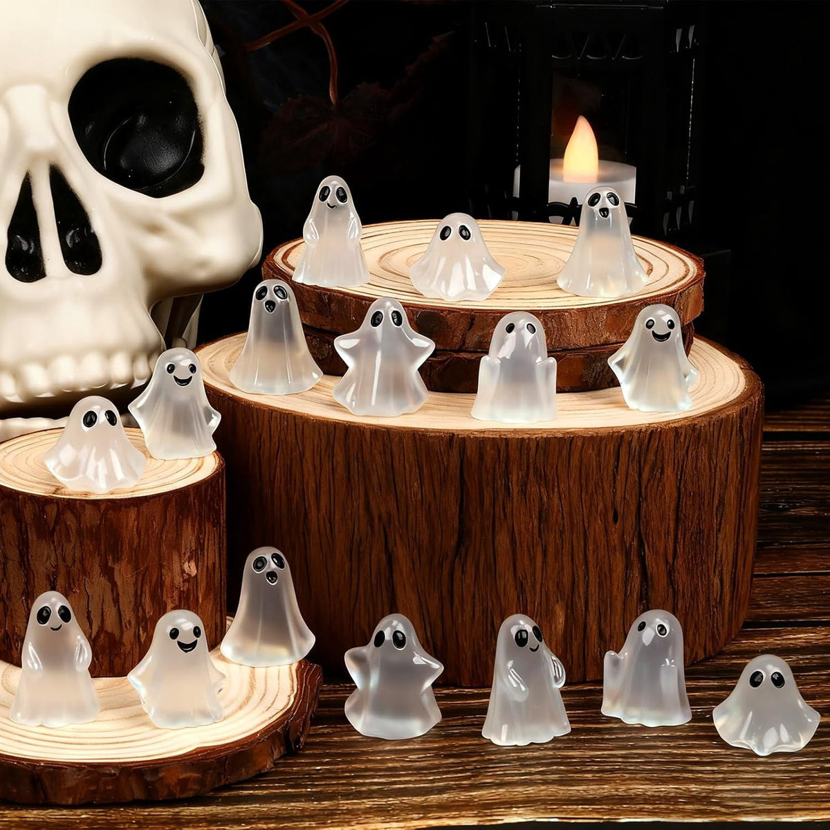 Miguan 80Pcs Mini Luminous Ghost Figurines 6 Style Glow in The Dark Tiny Small Ghost Miniatures for Halloween Spooky Tiered Tray Table Centerpiece Decor Vase Filler Party Favors