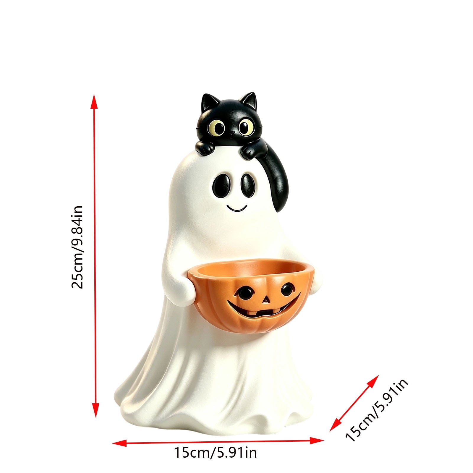 13.7" Halloween Ghost Figurine with Pumpkin Candy Bowl, Indoor Outdoor Safe Ghost Statue for Porch Yard Garden Decoration, Freestanding Halloween Porch Decor