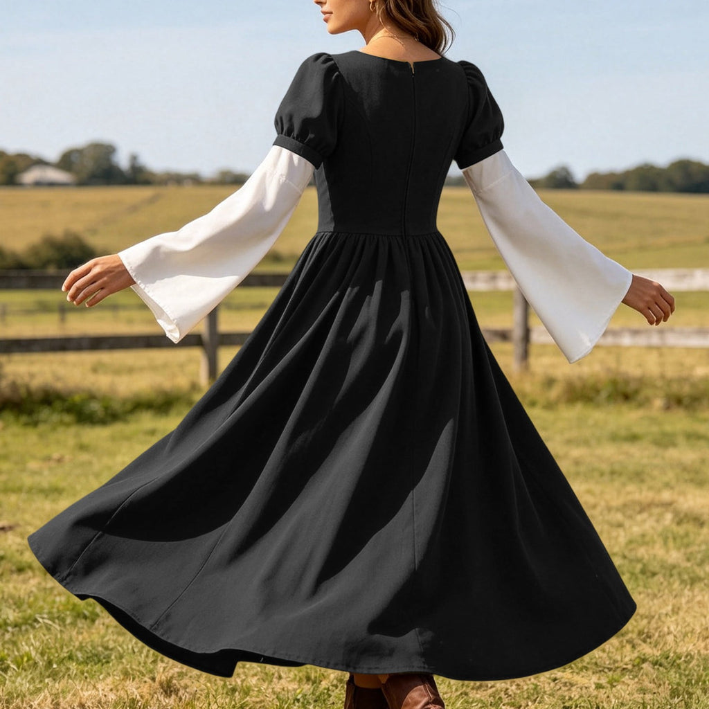 Hurxie Renaissance Costume Women Peasant Medieval Dress Maxi Fairy Dresses with Bell Sleeve Vintage Ren Faire Outfit