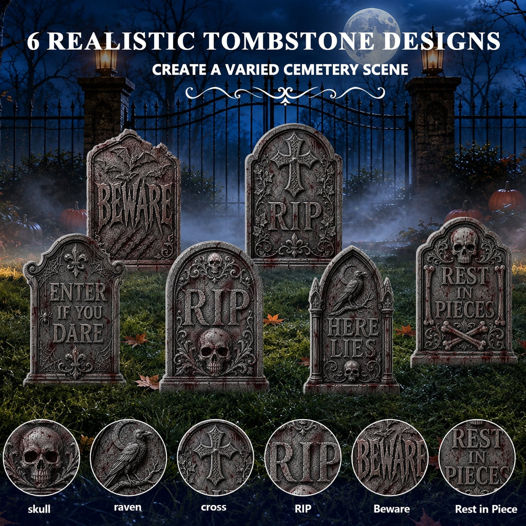 Yalumo Halloween Tombstone Decorations Outdoor, 6 PCS 17" Graveyard Tombstones with Stakes for Lawn Garden Cemetery Halloween Party Decor