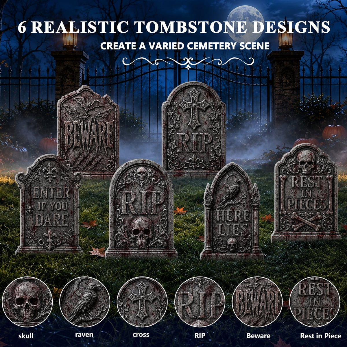 Yalumo Halloween Tombstone Decorations Outdoor, 6 PCS 17" Graveyard Tombstones with Stakes for Lawn Garden Cemetery Halloween Party Decor