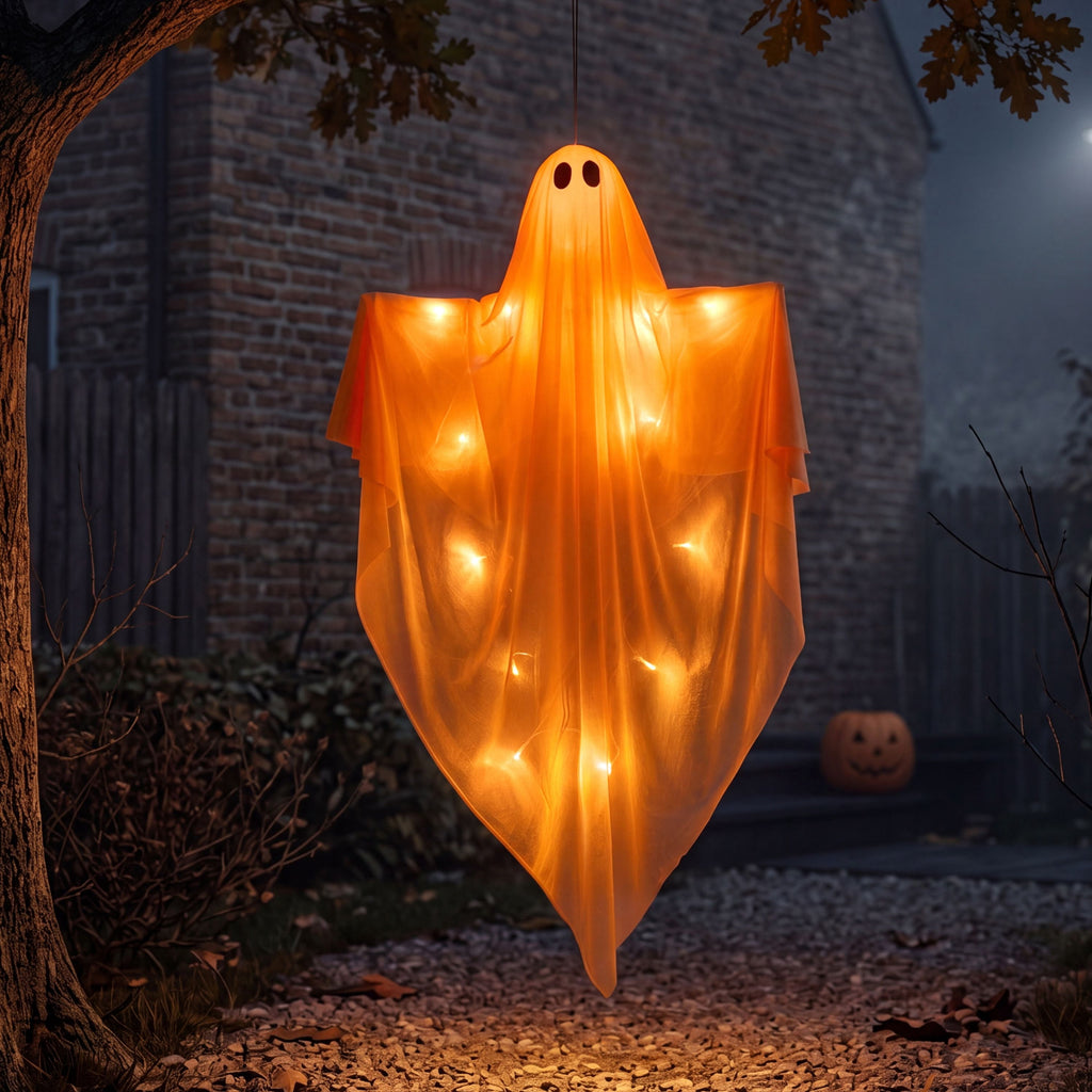 Joyfy 47inch Halloween Decorations Outdoor Hanging Ghost,Light up White Ghosts with Spooky Warm White LED Light,Halloween Outdoor Yard Porch Decorations,Haunted House Decorations