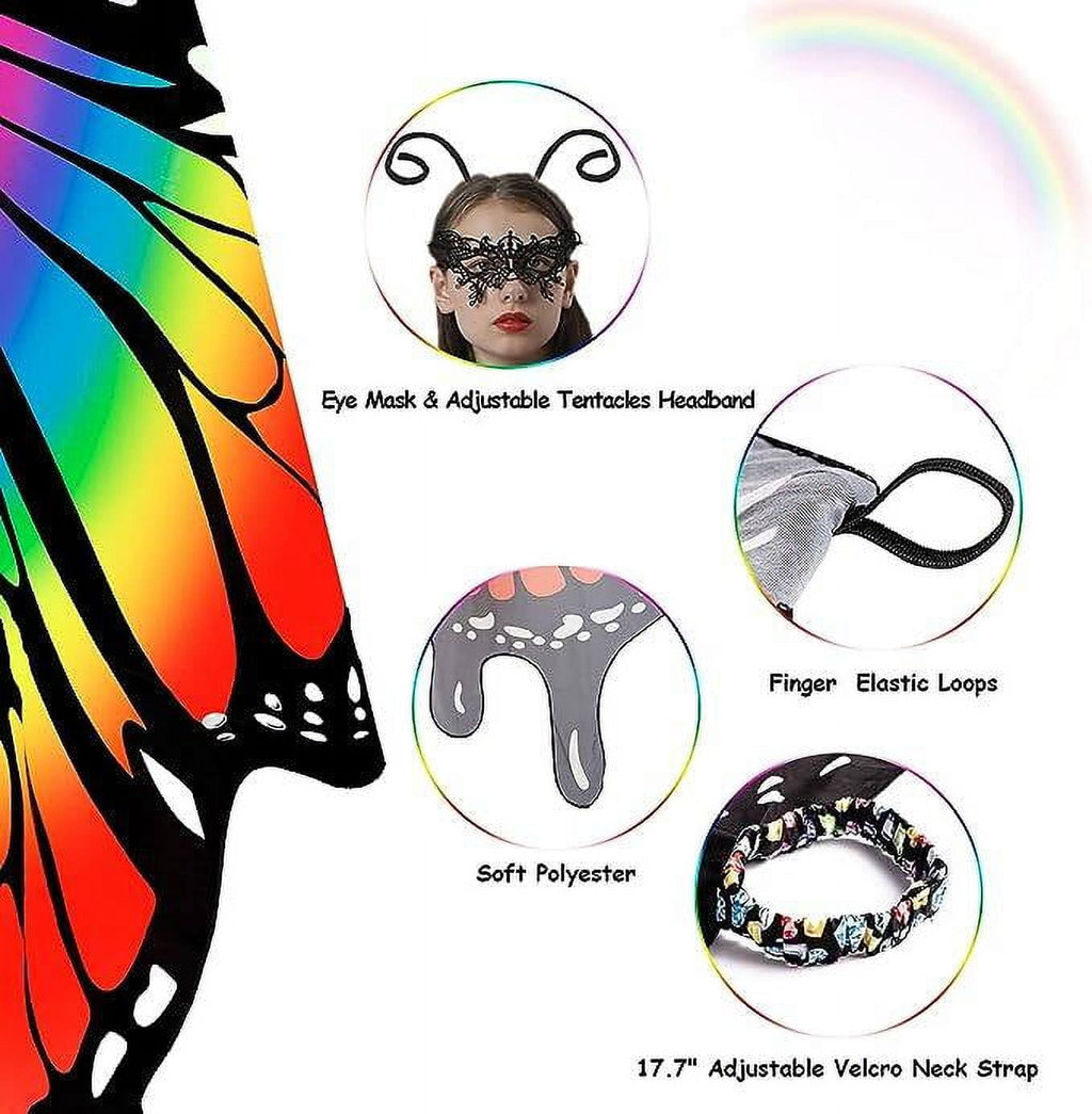 Butterfly Costume for Women - Halloween Cape Adult Wings with Mask and Antenna Headband