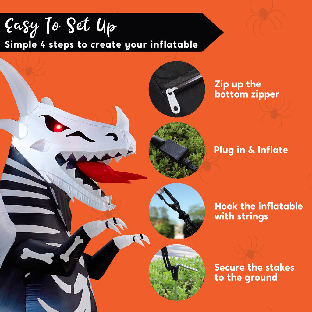 Joyfy 8 FT Halloween Inflatable Skeleton Dinosaur with Build-in LEDs Pumpkin Decorations,Halloween Outdoor Decorations Blow up Yard Decorations