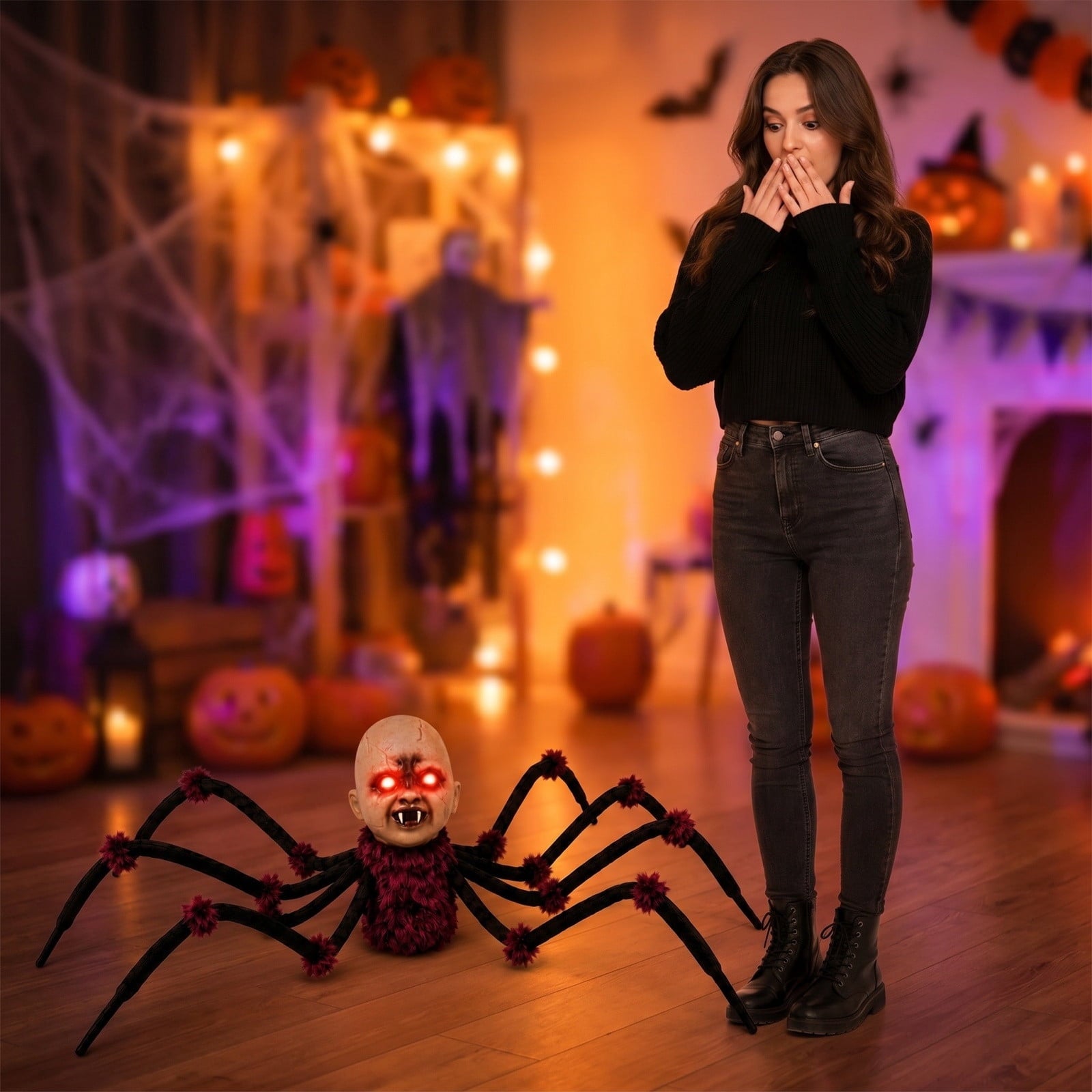Halloween Animated Creepy Baby Head Spider Prop, Sound & Touch Activated Walking Halloween Decoration with Flashing Red Eyes, Scary Sound Effects, Indoor Outdoor Decor