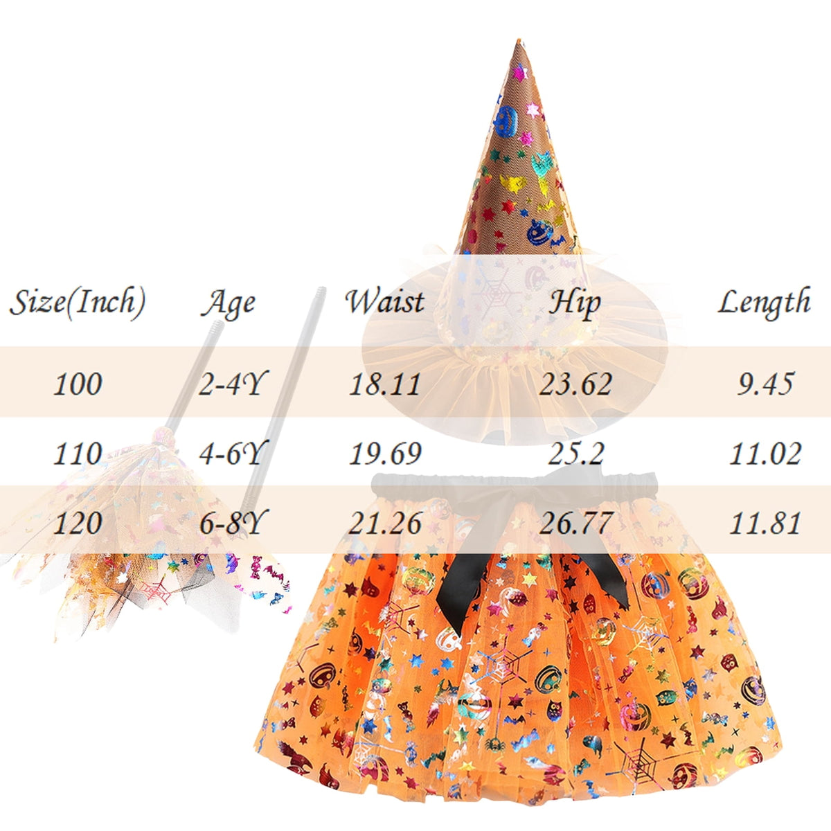 choiix Witch Tutu Skirt and Hat Set with Broomstick Halloween Costume Outfit with Printed Tulle Skirt and Witch Hat Cosplay Outfit for Party 100