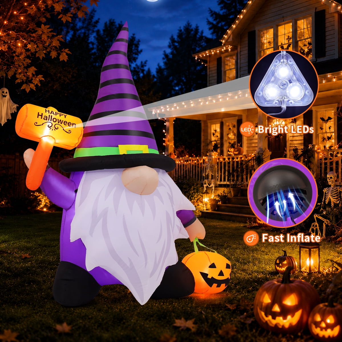 GOOSH Halloween Inflatables 6.7 FT Inflatable Gnome with Built-in LED Lights, Cute Halloween Inflatable Gnome Blow up Gnome with Pumpkin, Outdoor Halloween Decorations for Halloween Holiday Party
