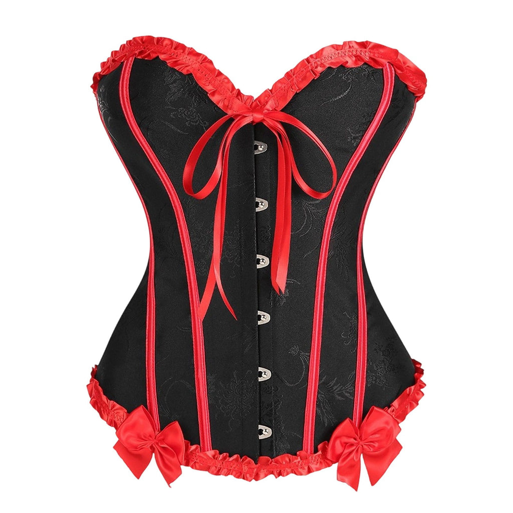 JOANKDMI Women's Chic Gothic Steampunk Corset Top with Ribbon Tie and Ruffle Trim Elegant Bustier for Pirate Roleplay and Vampire Halloween Dress Up Outfit
