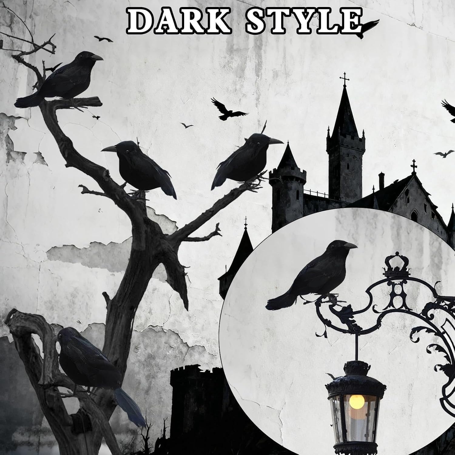 Yanxiao 6PCS Halloween Black Crows Decorations, Realistic Foam Halloween Handmade Black Feathered Crows with Fixable Legs, Halloween Gothic Ornaments for Table Centerpieces, Party, Indoor & Outdoor