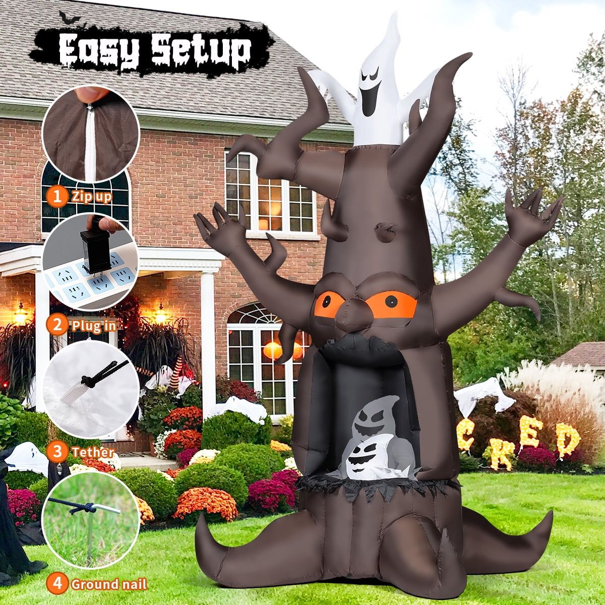 GOOSH Halloween Inflatables 9 FT Animated Halloween Tree Inflatables with Built-in LED lights, Scary Spooky Tree Inflatable with White Ghost, Outdoor Halloween Decorations for Halloween Holiday Party