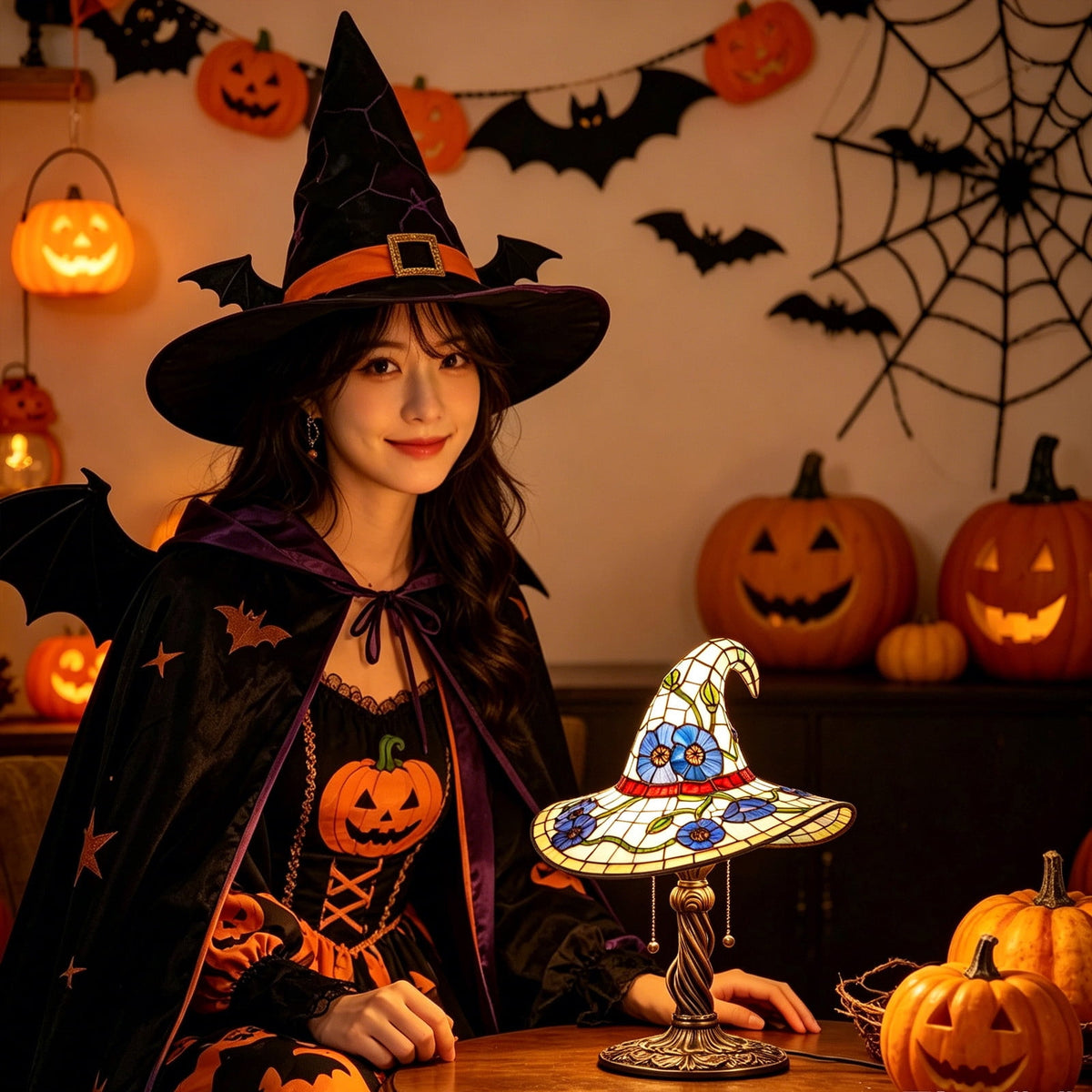 Clearance Halloween Table Lamp Decorations, Witch Hat Lamp Gifts - Handcrafted Retro Resin Witch Lamp, USB Powered Gothic Wizard Hats Night Light, Home Decor Accent Lamps for Bedroom