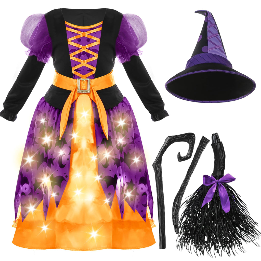 Joyfy Light up Witch Costume for Girls,Starry Witch Dress with Broom Hat for Kids and Toddlers, Perfect for Halloween Party Dress-up Cosplay Age 5-7
