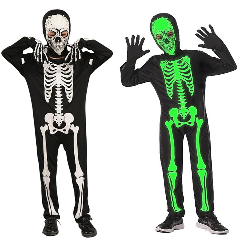WIBACKER Kids Skeleton Halloween Costume, Glow in The Dark Halloween Cosplay Onesie for Boys and Girls, Jumpsuit + Gloves + Hood Mask