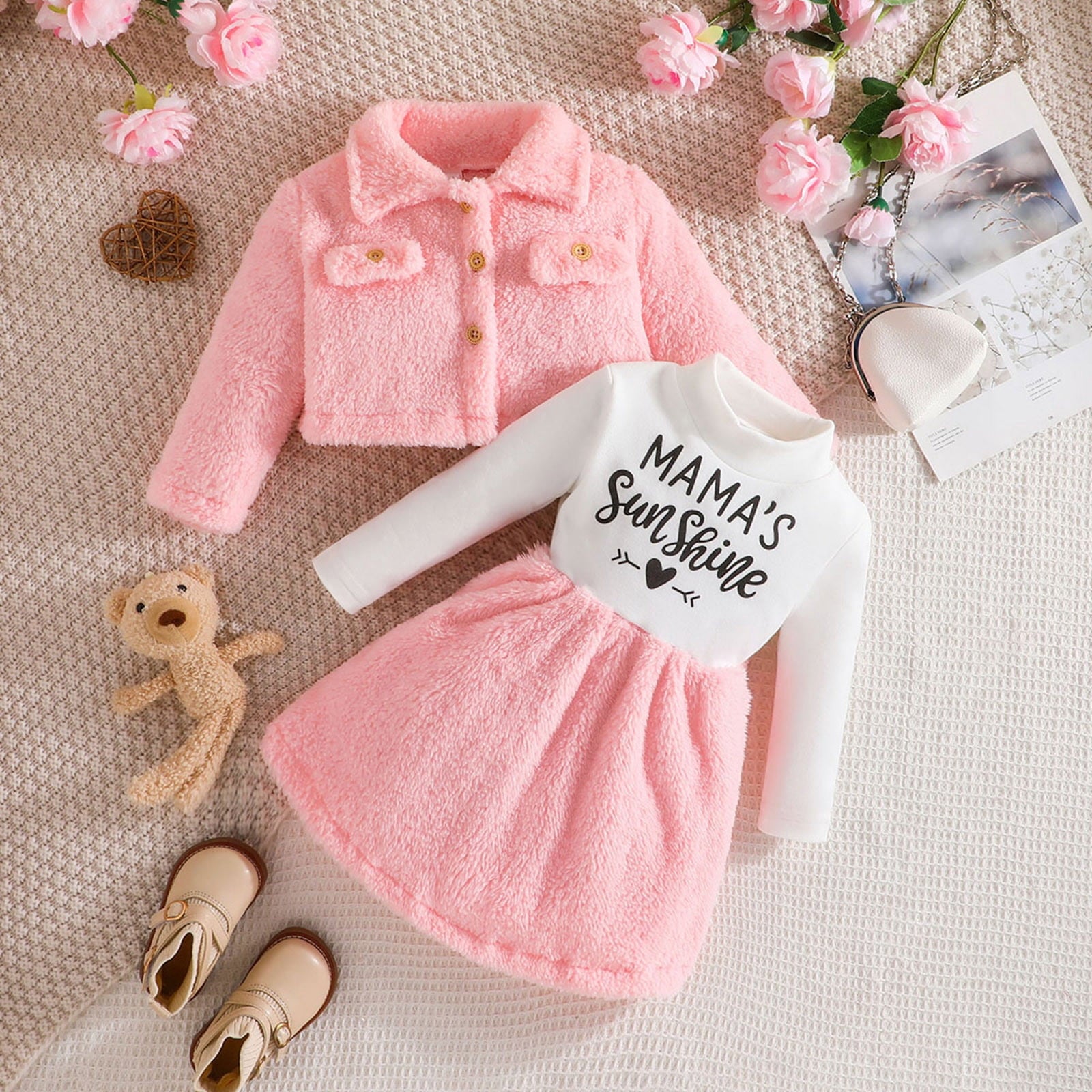 TJAZFJPA Newborn Girl Photoshoot Outfits Yellow Autumn/Winter Lapel Fashion Coat Letter Print Dress Furry Children's Suit Beach Outfit Girls Dance Outfits
