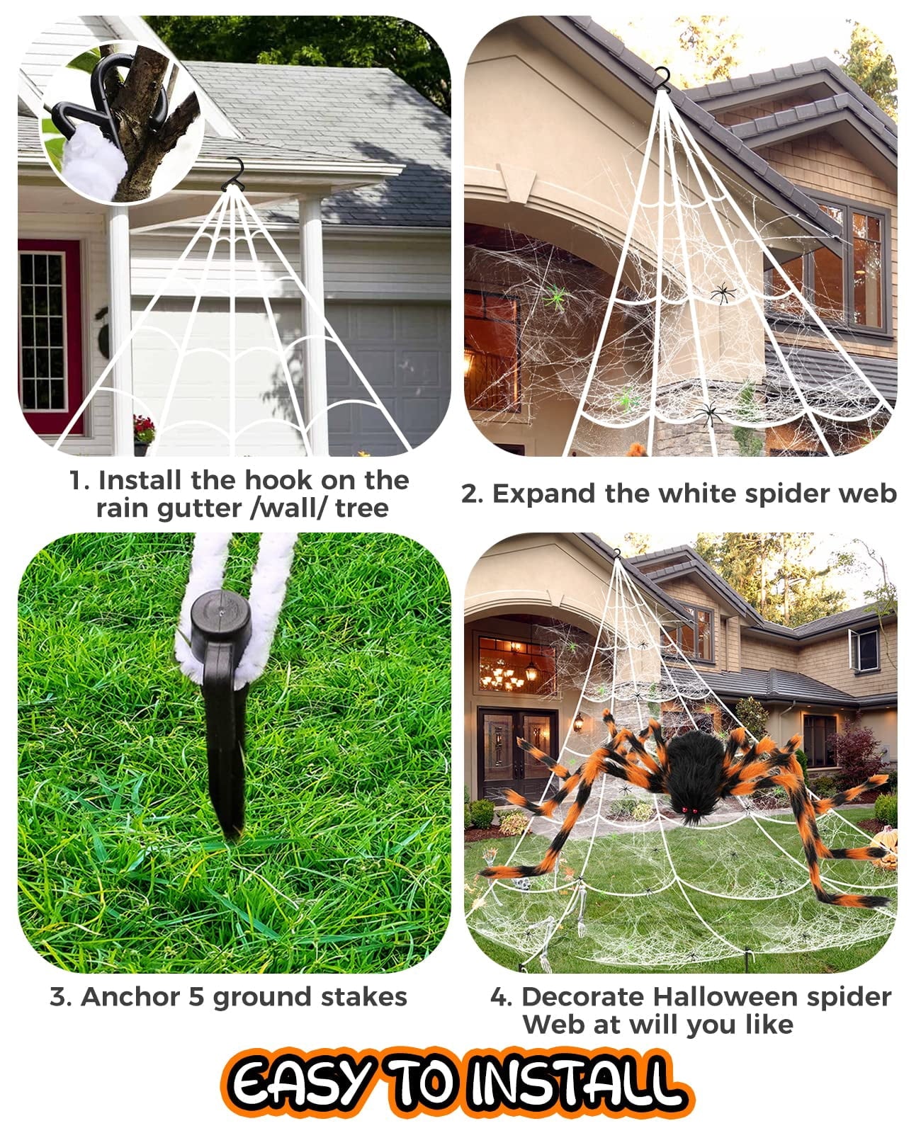 Halloween Decorations Outdoor Spider Webs: 1Pcs Giant Spiders - 200'' Triangular Web with Hook - Stretch Web and Ground Stakes for Large Halloween Decor and Haunted House Decoration