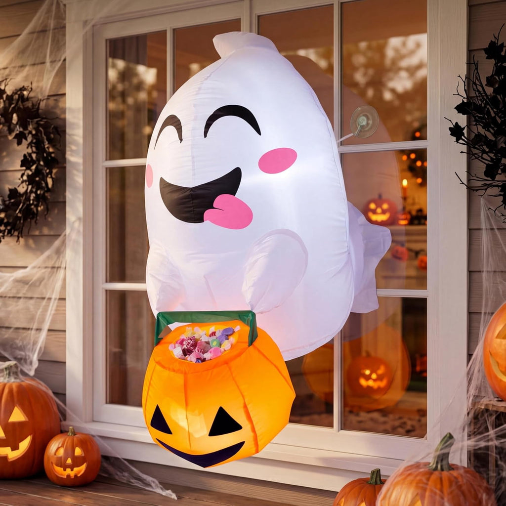 Joyfy 4.5 FT Halloween Inflatable Decorations Outdoor Scary Flying Ghost Broke Out from Window with Built-in LED Blow Up Inflatable for Window Decoration Yard Garden Lawn Decor
