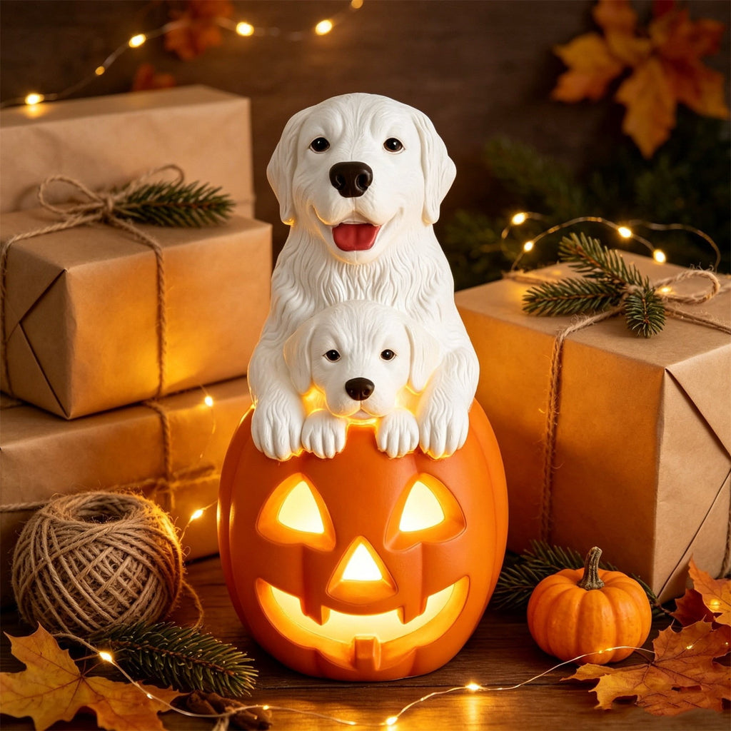 Halloween Dog Greeter - Frenchie 7.9in Resin Witch Dog with Light-Up Pumpkin, Spooky Fall Decor, Indoor Outdoor Tabletop Decoration