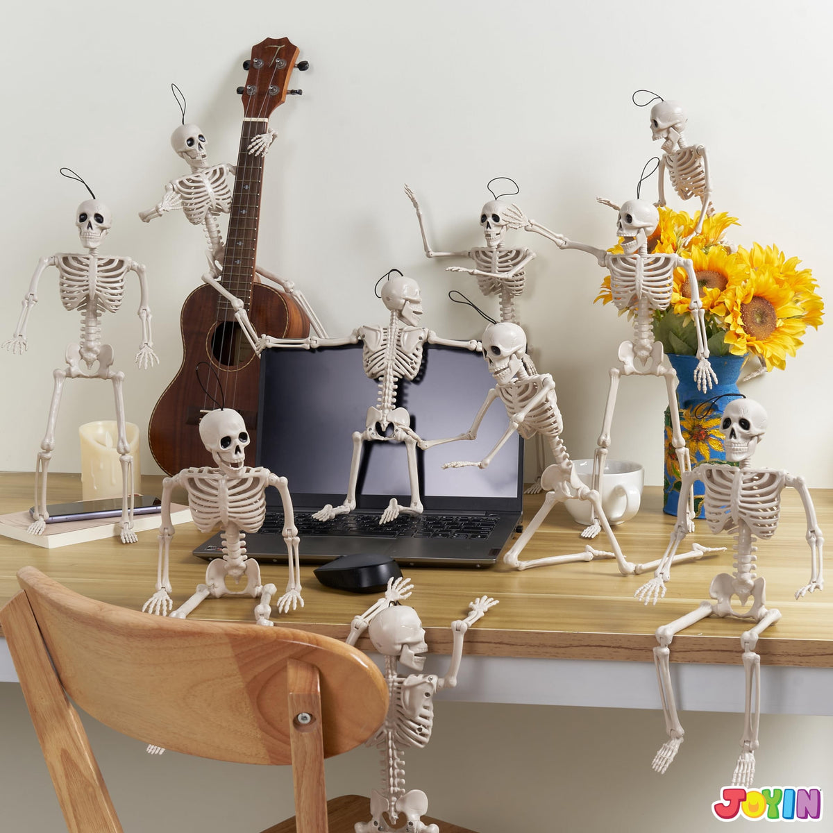 Joyfy 5 Pcs Halloween Skeleton Decorations,16 inch Full Body Poseable Skeleton with Movable Joints for Halloween Indoor Outdoor Party,Graveyard,Haunted House Accessories,White