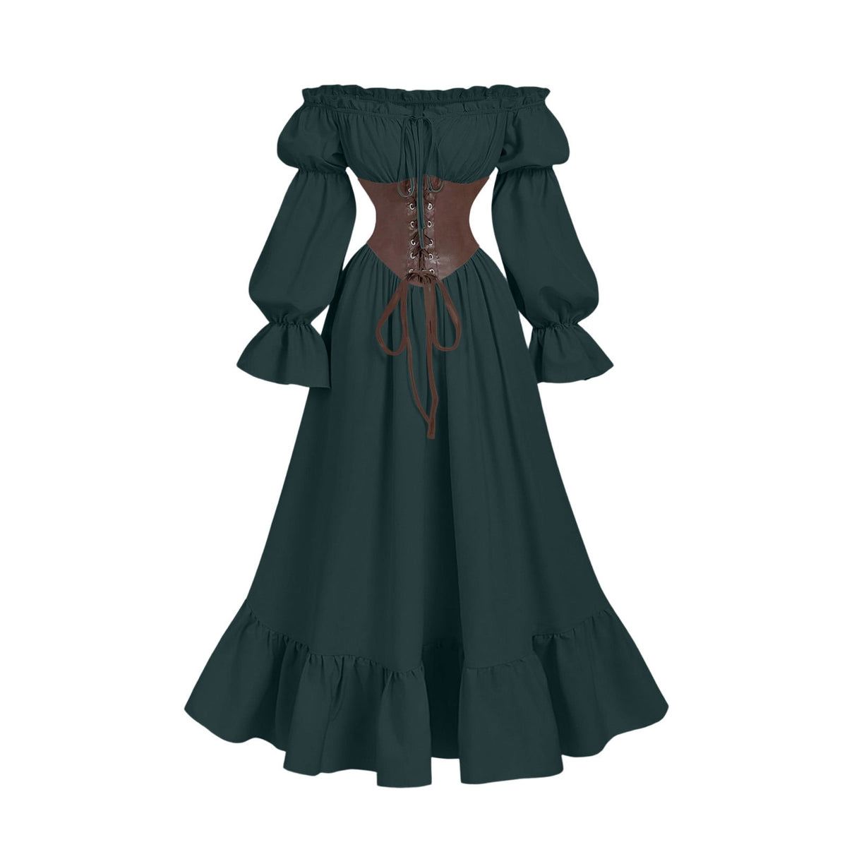 QATAINLAV Renaissance Costume Women Vintage Medieval Dress Cold Shoulder Short Sleeve Peasant Pirate Irish Maxi Dresses, Black, L