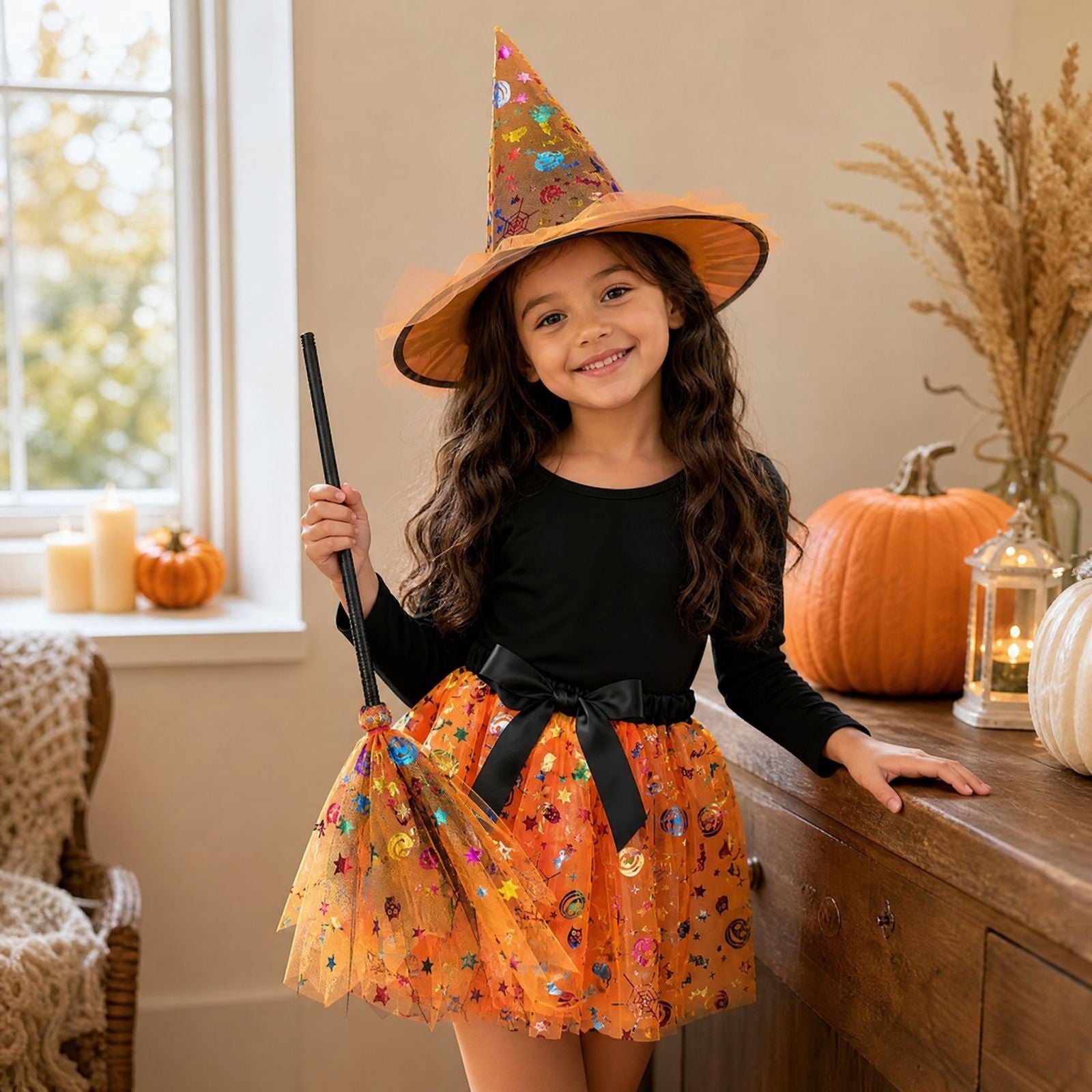 choiix Witch Tutu Skirt and Hat Set with Broomstick Halloween Costume Outfit with Printed Tulle Skirt and Witch Hat Cosplay Outfit for Party 100
