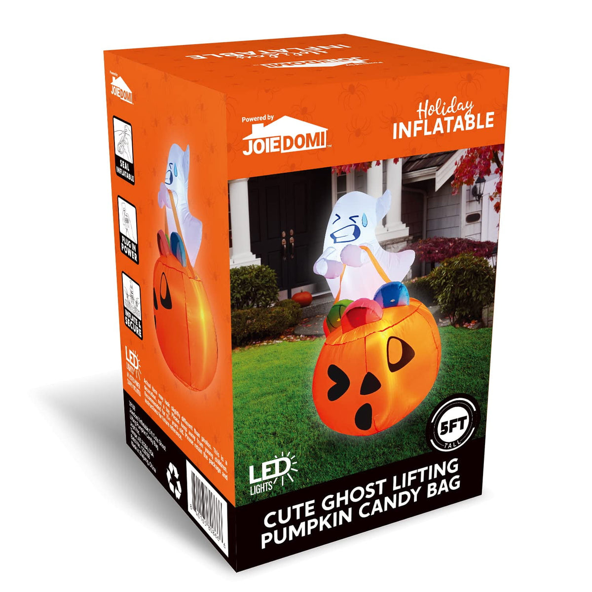 Joyfy 5ft Halloween Inflatables Light up Cute Ghost,Blow Up Ghost Lift Pumpkin Candy Bag with Build-in LEDs for Yard Decorations